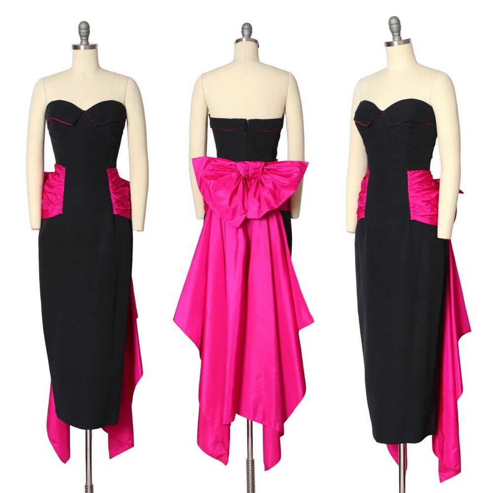 Vintage 1980s Dress 80s Shocking Pink Train Strapless Black Formal Party Gown